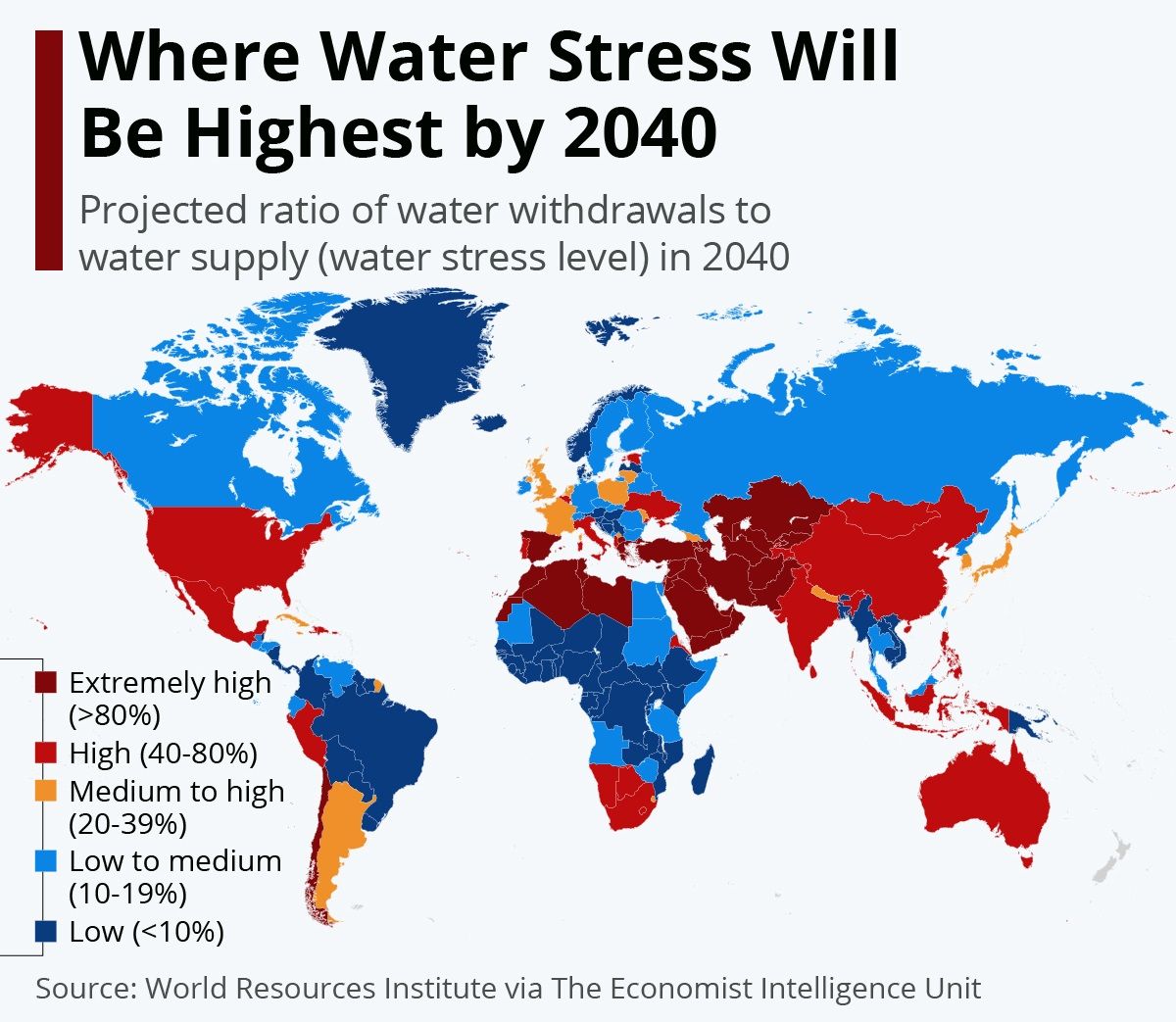 Где водный стресс будет самым высоким к 2040 году